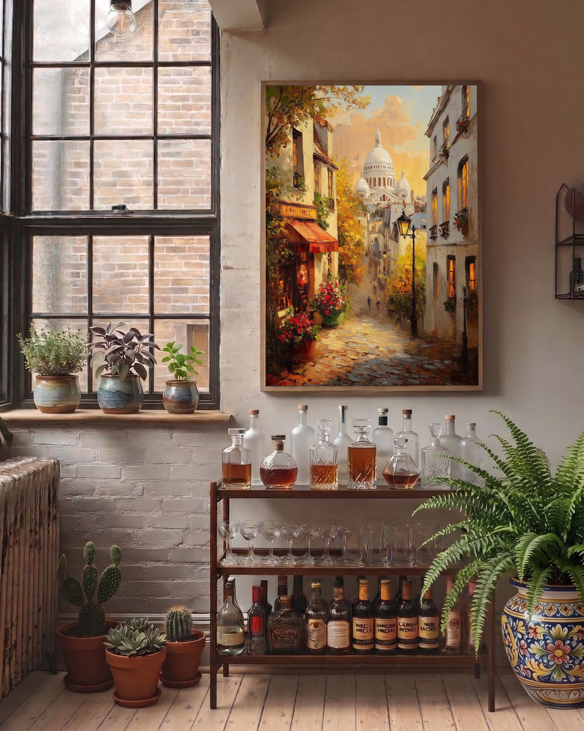Oil-painting style Montmartre lane in amber and soft rose, made to order