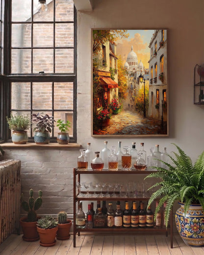 Oil-painting style Montmartre lane in amber and soft rose, made to order