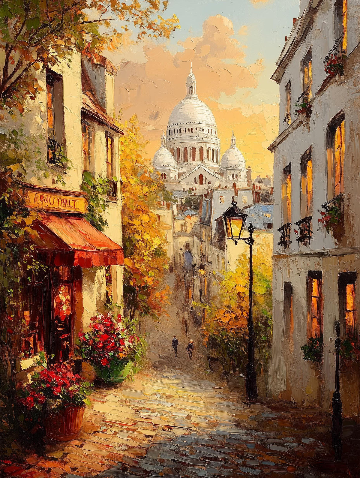 Warm painterly French street scene bathed in golden hour light