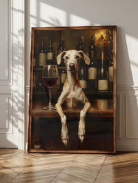 Italian Greyhound wall art: a fawn sighthound leaning into a dark wine bar, framed canvas