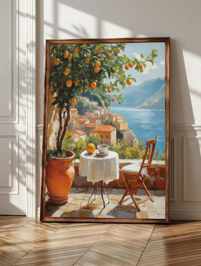 Amalfi Coast wall art: a terrace breakfast with espresso and lemons above blue water, canvas