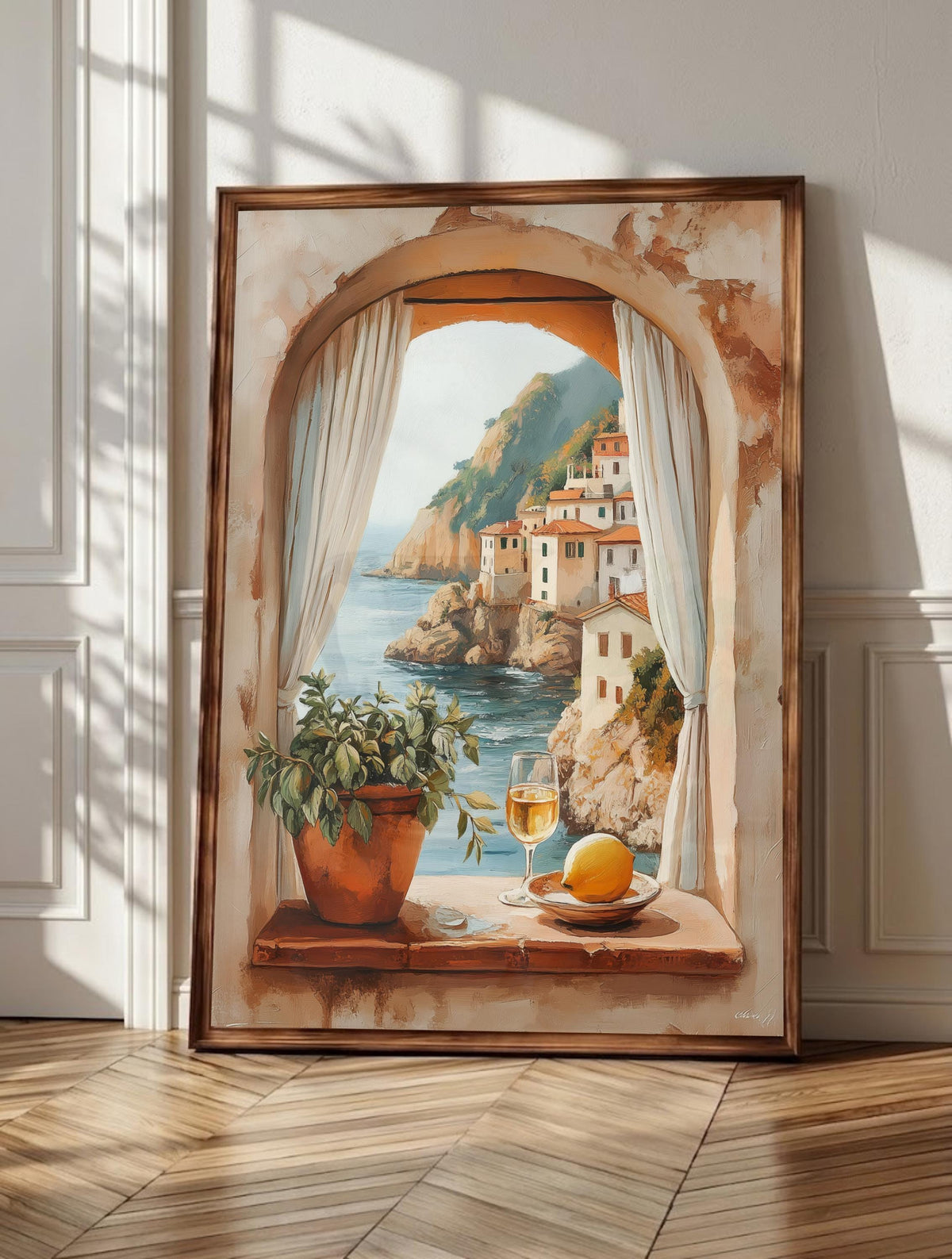 Amalfi Coast wall art: an arched stone window opening over the sea, framed canvas print