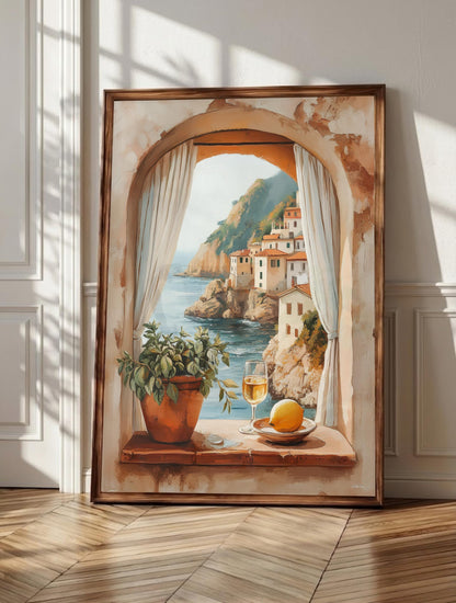 Amalfi Coast wall art: an arched stone window opening over the sea, framed canvas print
