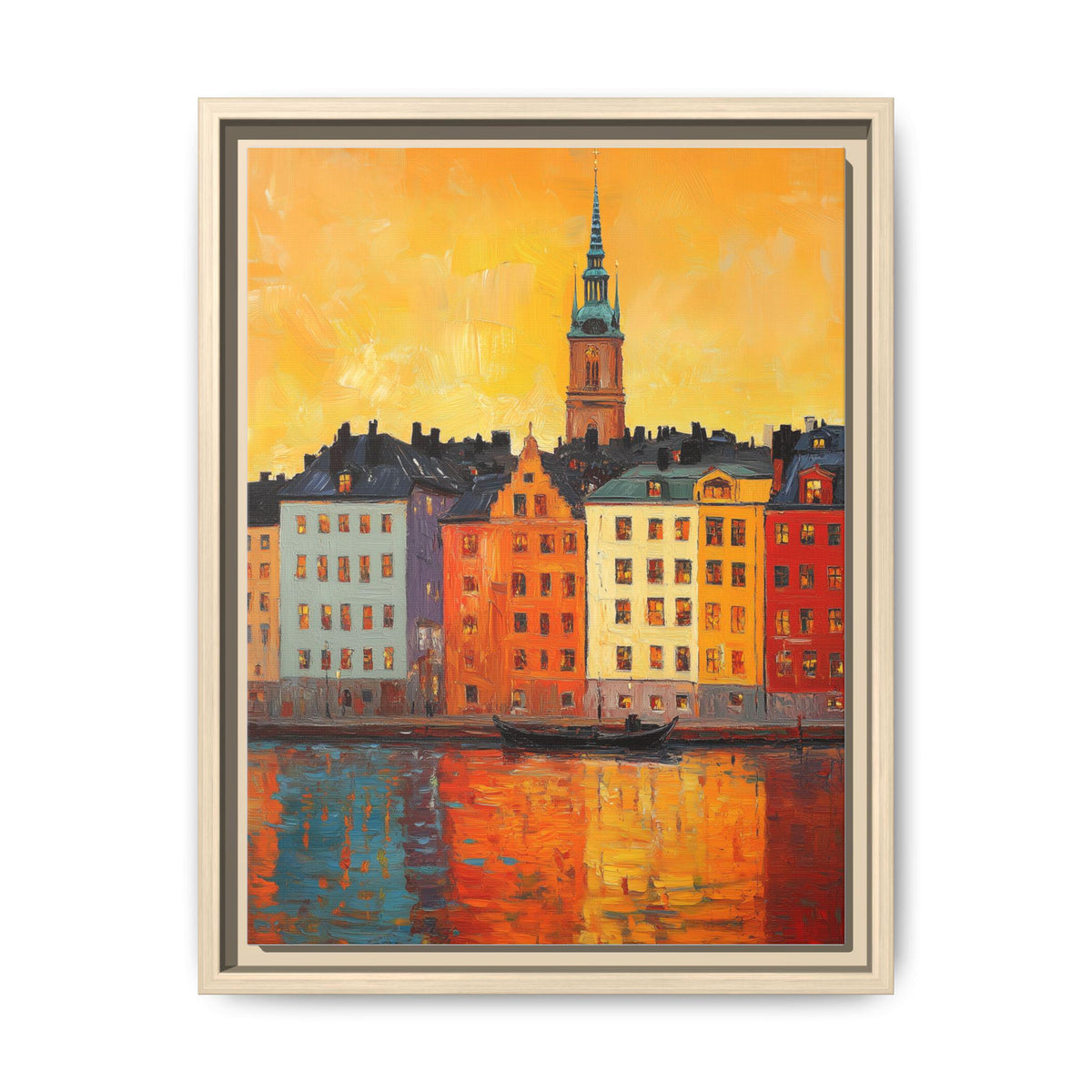 Stockholm wall art framed canvas print in a natural wood frame