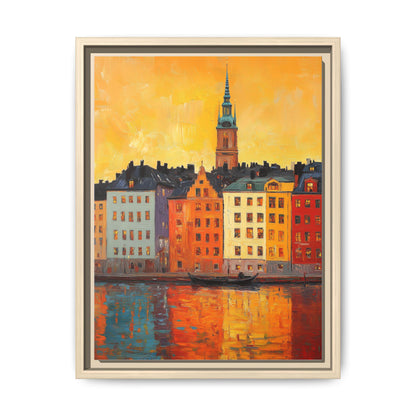 Stockholm wall art framed canvas print in a natural wood frame