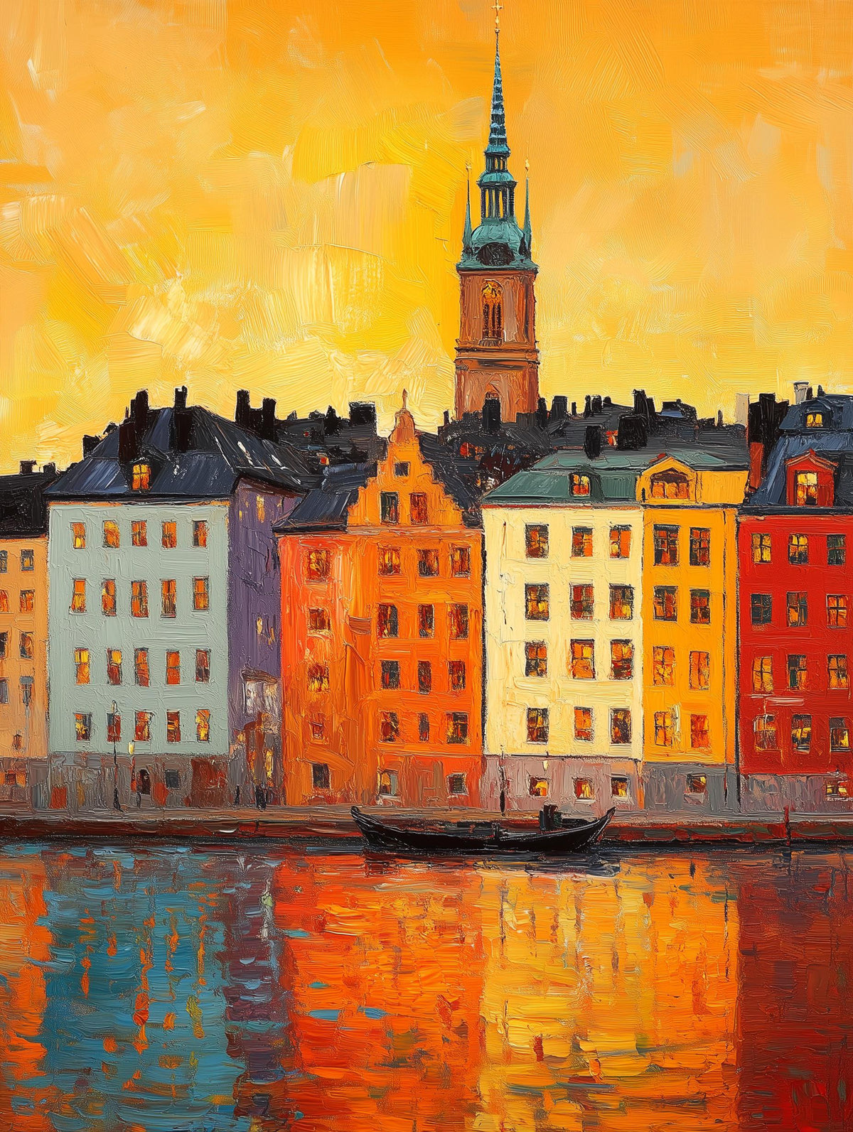 Painterly Swedish old town canvas print with facades reflected in the harbor
