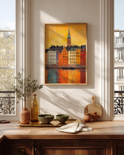 Golden-hour cityscape on cotton canvas, made to order in seven sizes