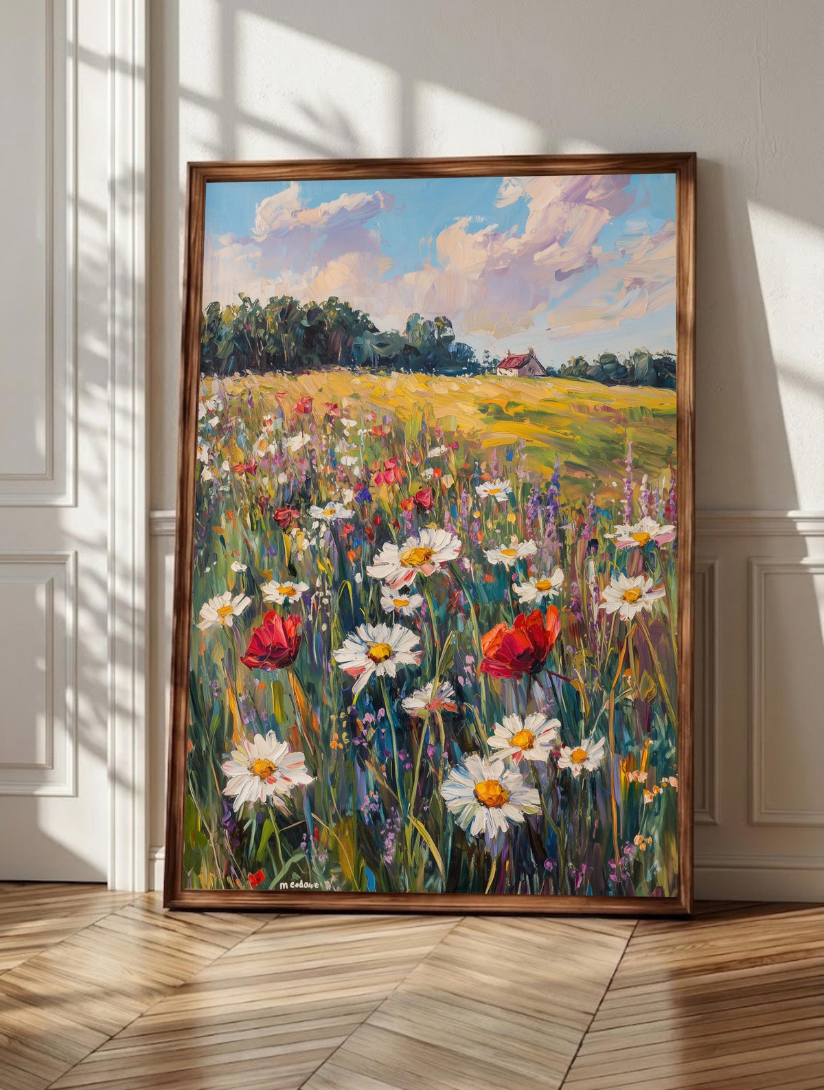 Wildflower wall art: white daisies and crimson poppies filling a summer meadow