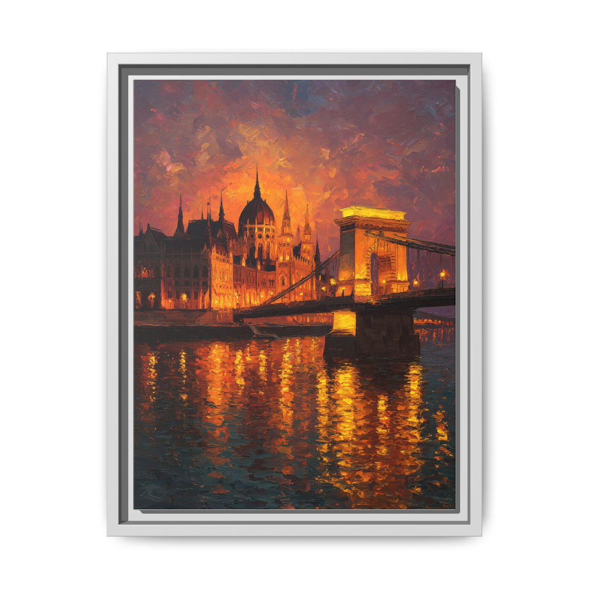Budapest Parliament wall art framed canvas print in a white wood frame