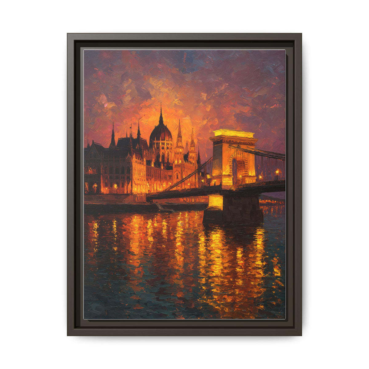 Budapest Parliament wall art framed canvas print in an espresso wood frame