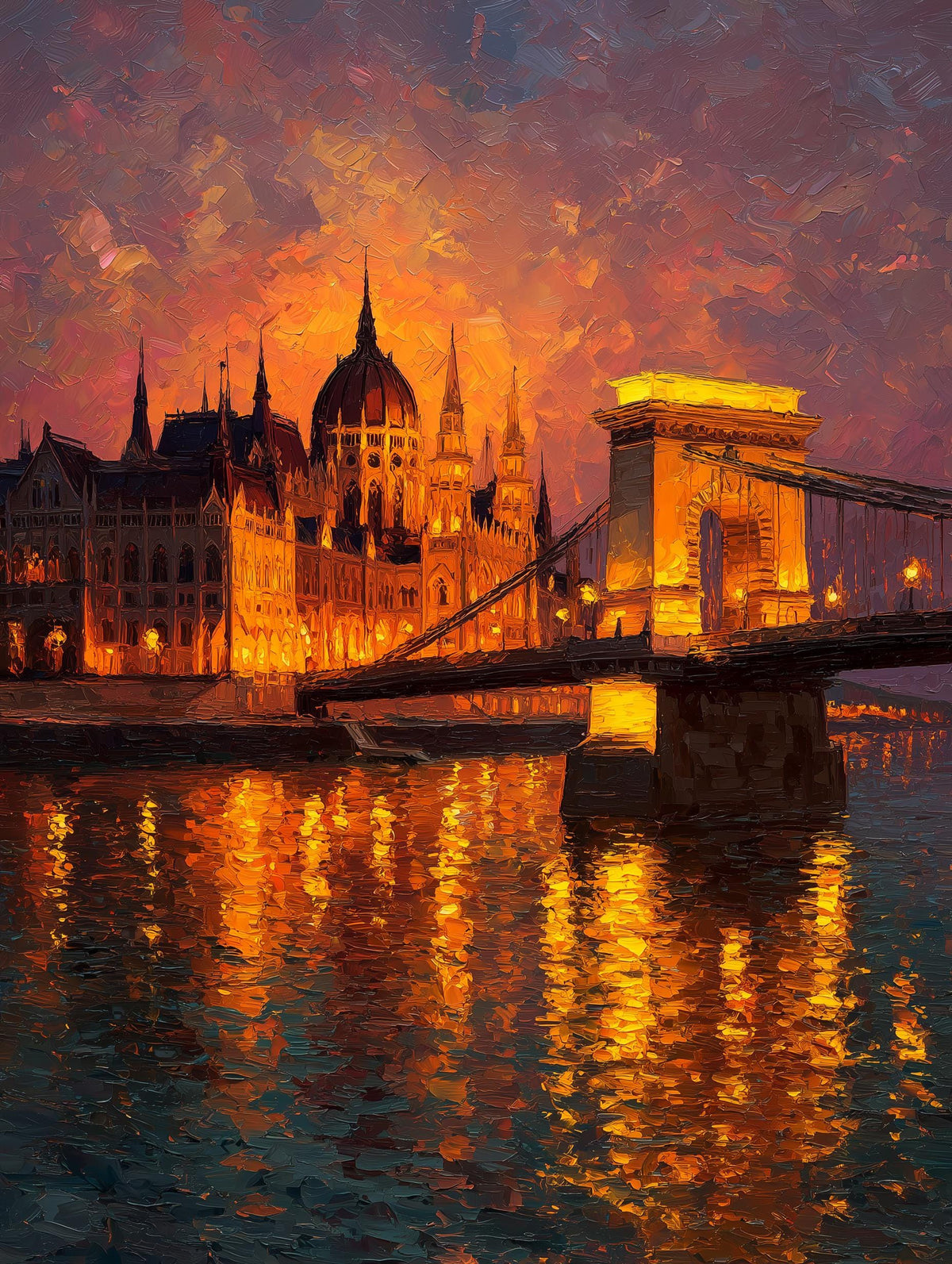 Painterly Danube canvas print with the Chain Bridge beside the Parliament