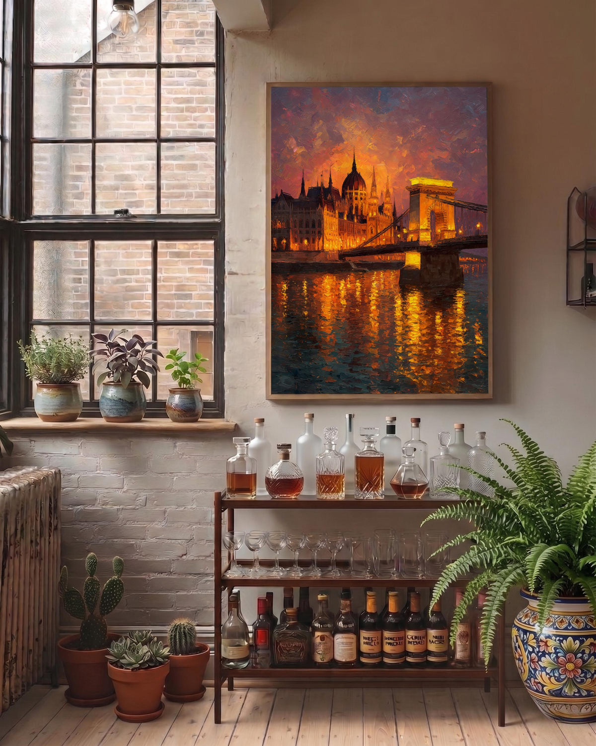 Oil-painting style Budapest riverfront printed on cotton canvas, made to order