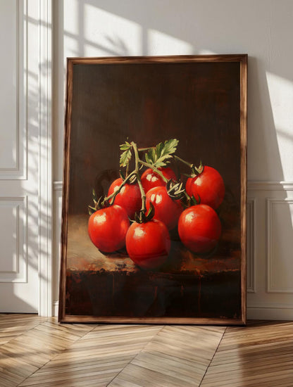 Cherry tomato wall art: a cluster of ripe tomatoes resting on the vine, framed canvas print