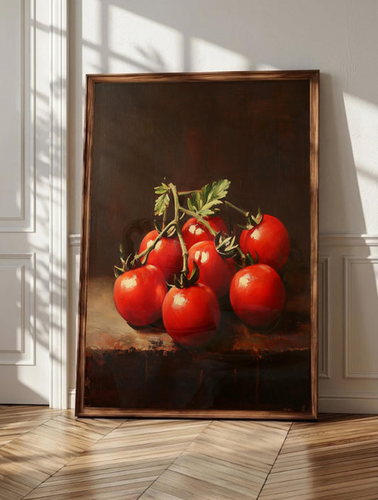 Cherry tomato wall art: a cluster of ripe tomatoes resting on the vine, framed canvas print