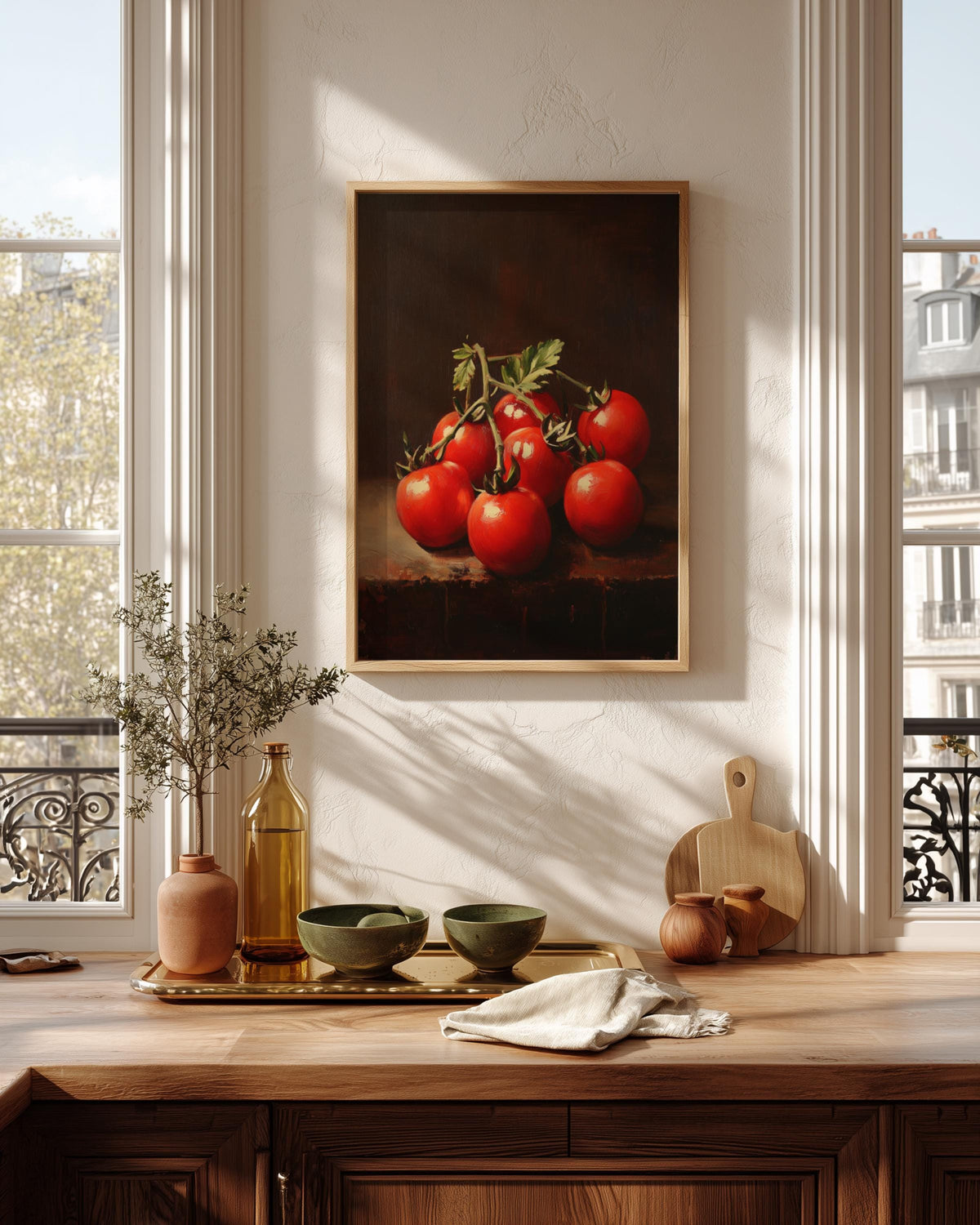 Oil-painting style tomato still life printed on cotton canvas, made to order