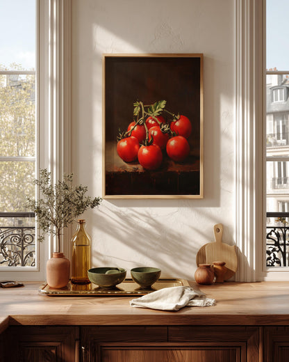 Oil-painting style tomato still life printed on cotton canvas, made to order