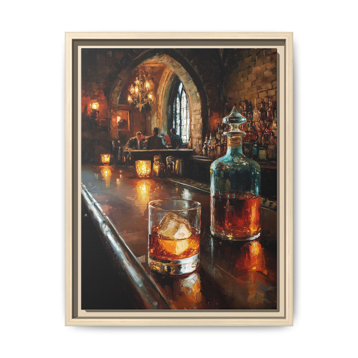 Speakeasy wall art framed canvas print in a natural wood frame