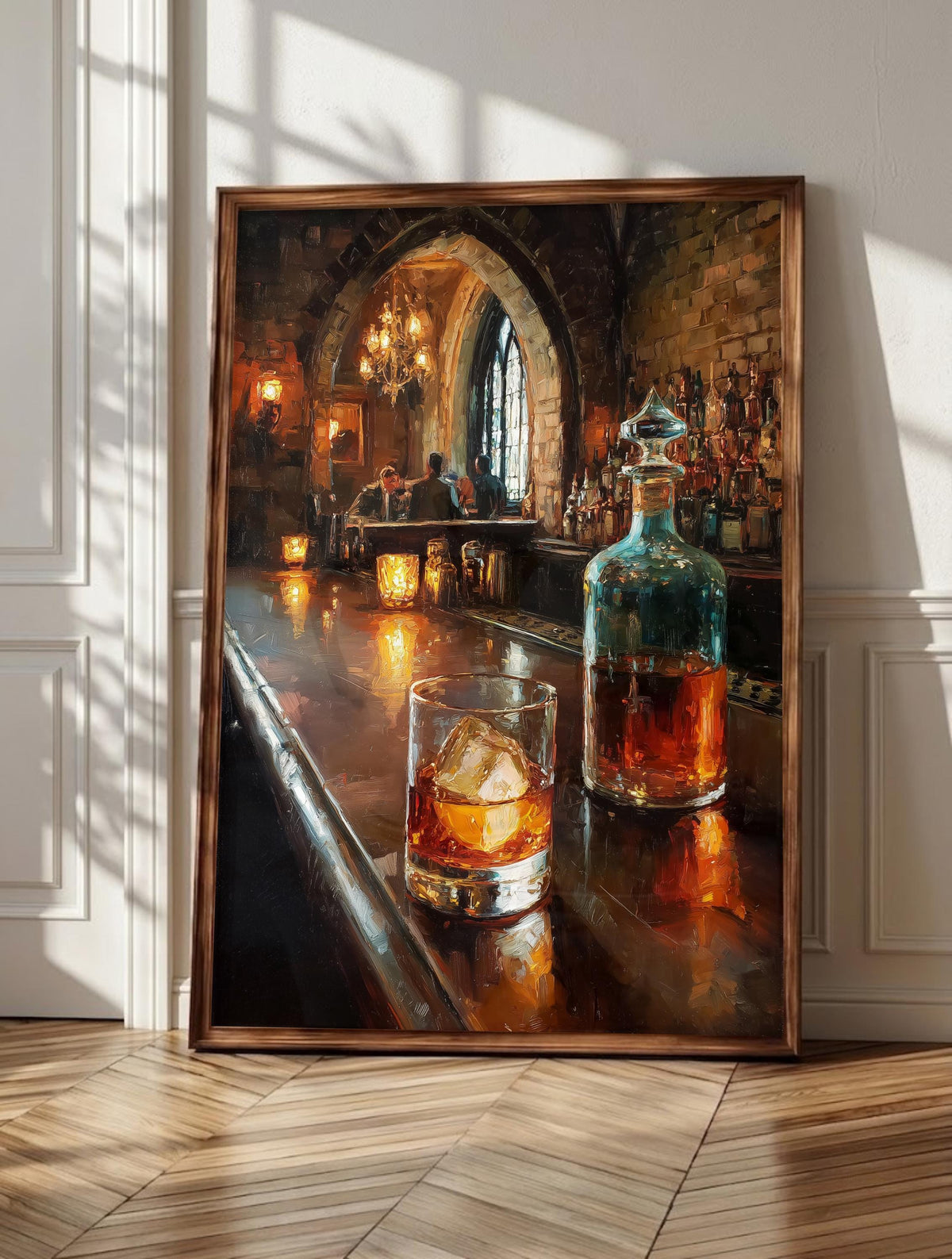 Speakeasy wall art: a whiskey glass and teal decanter on dark mahogany, framed canvas