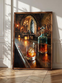Speakeasy wall art: a whiskey glass and teal decanter on dark mahogany, framed canvas