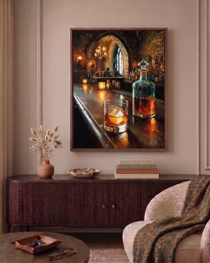 Speakeasy framed canvas in a handmade solid wood frame, ready to hang
