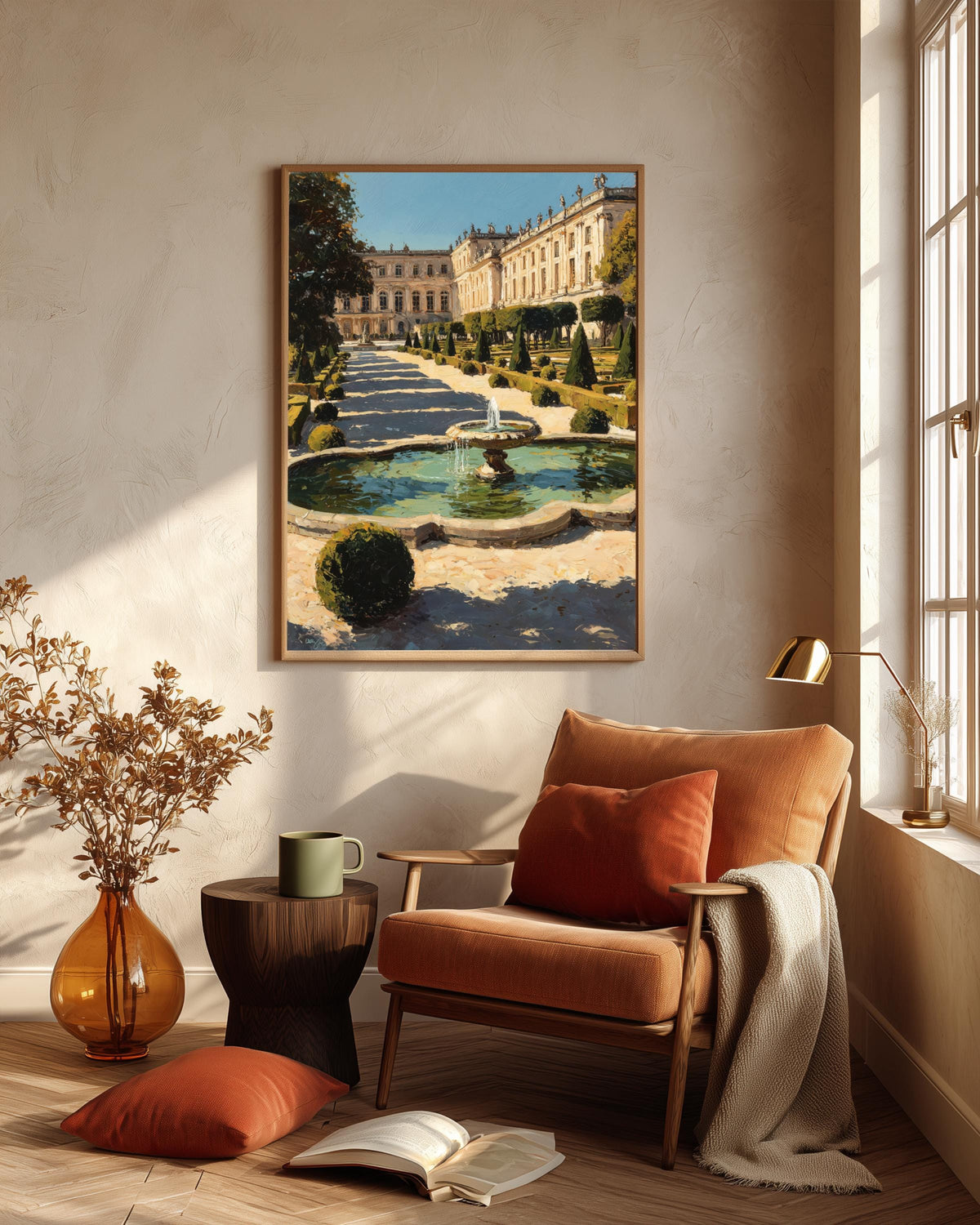 Oil-painting style palace garden art on cotton canvas, made to order