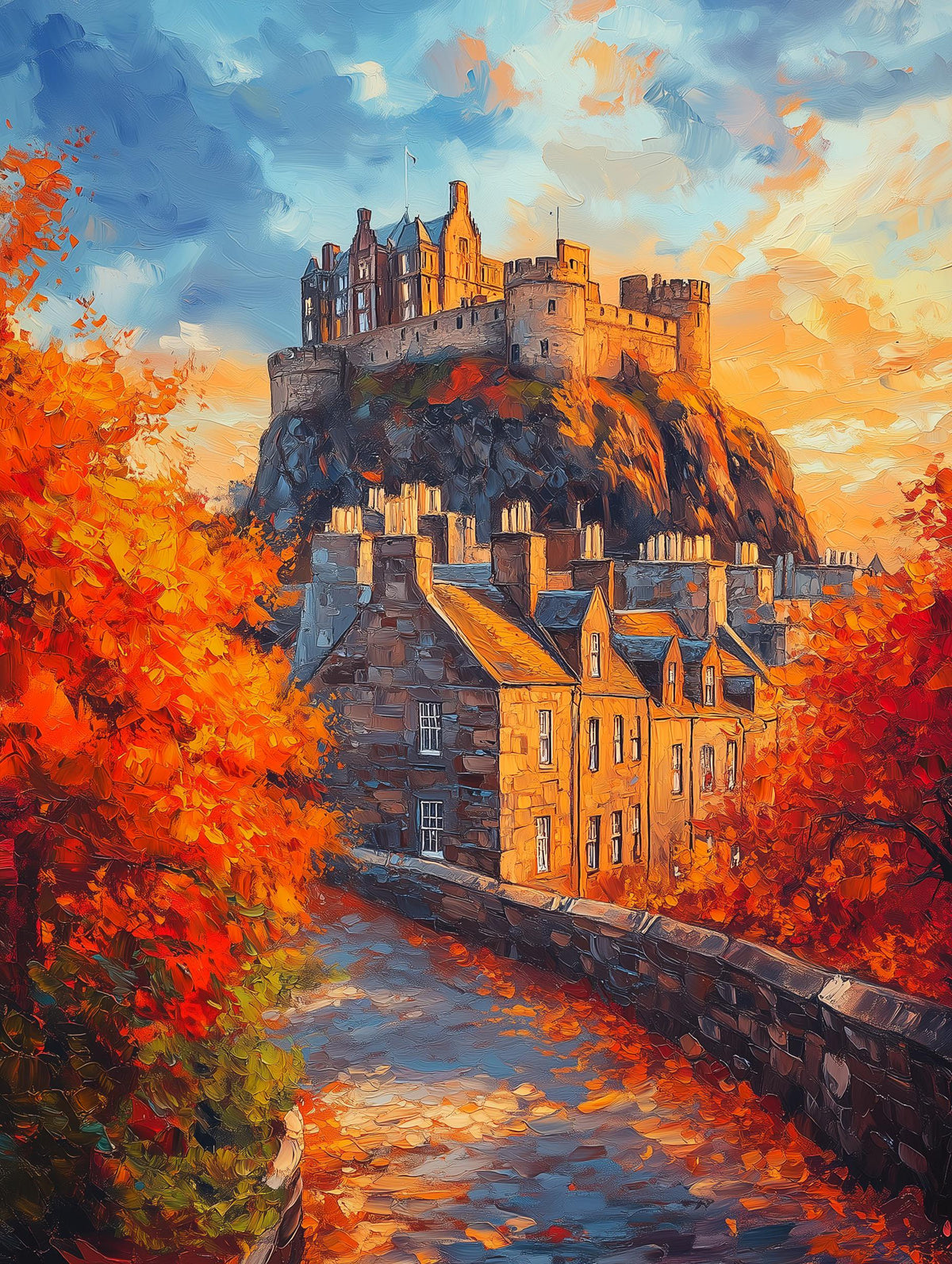 Painterly Scotland canvas print of the castle ramparts in gold and rust