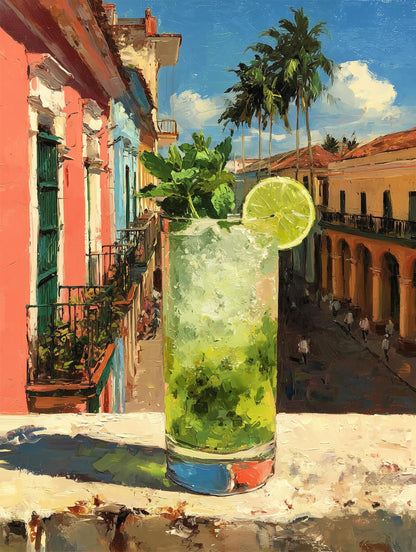 Painterly Havana cocktail still life with coral facades behind the glass