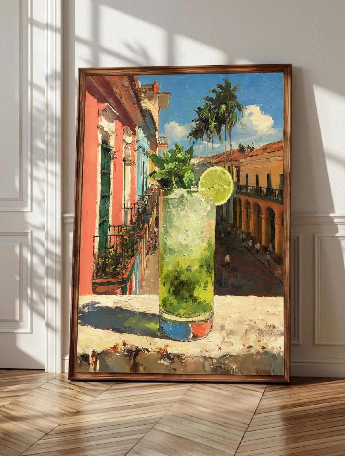 Mojito wall art: a crushed-ice mojito with mint and lime on a sunlit ledge, framed canvas