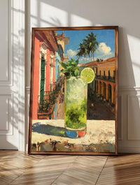 Mojito wall art: a crushed-ice mojito with mint and lime on a sunlit ledge, framed canvas