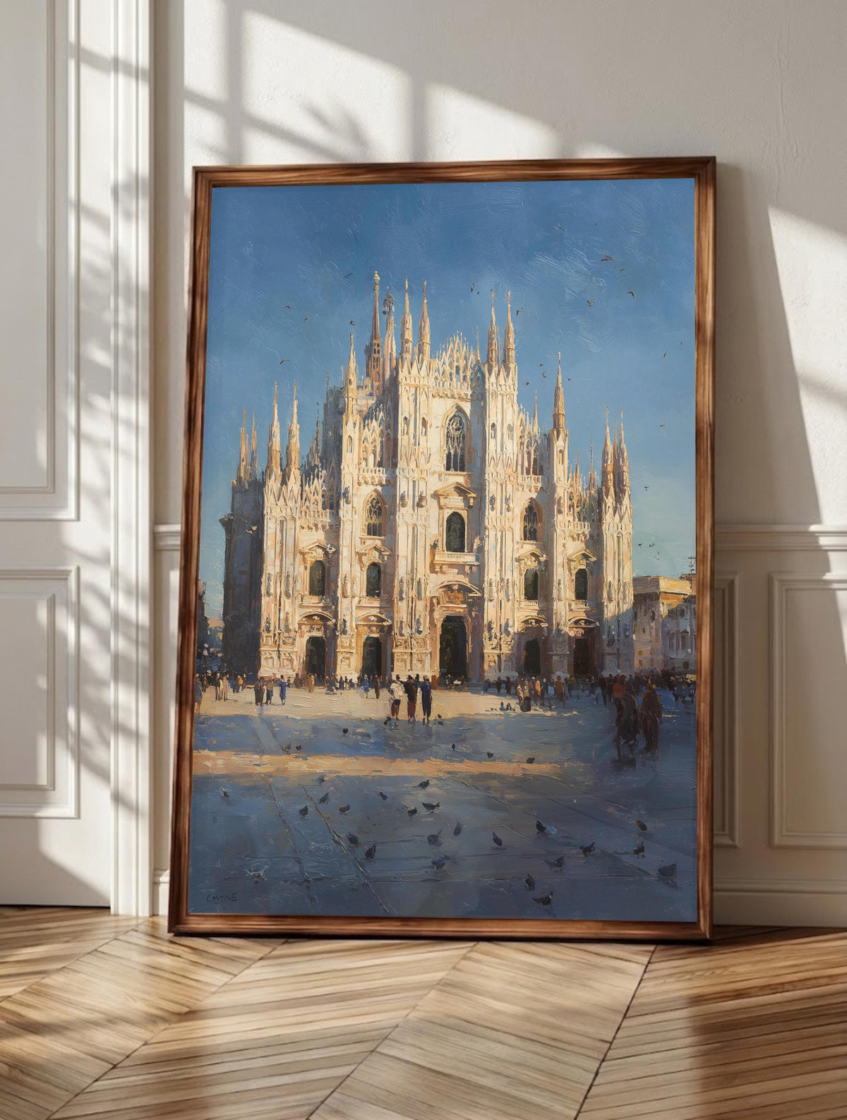 Duomo wall art: Milan's white marble cathedral and its spires against cobalt sky