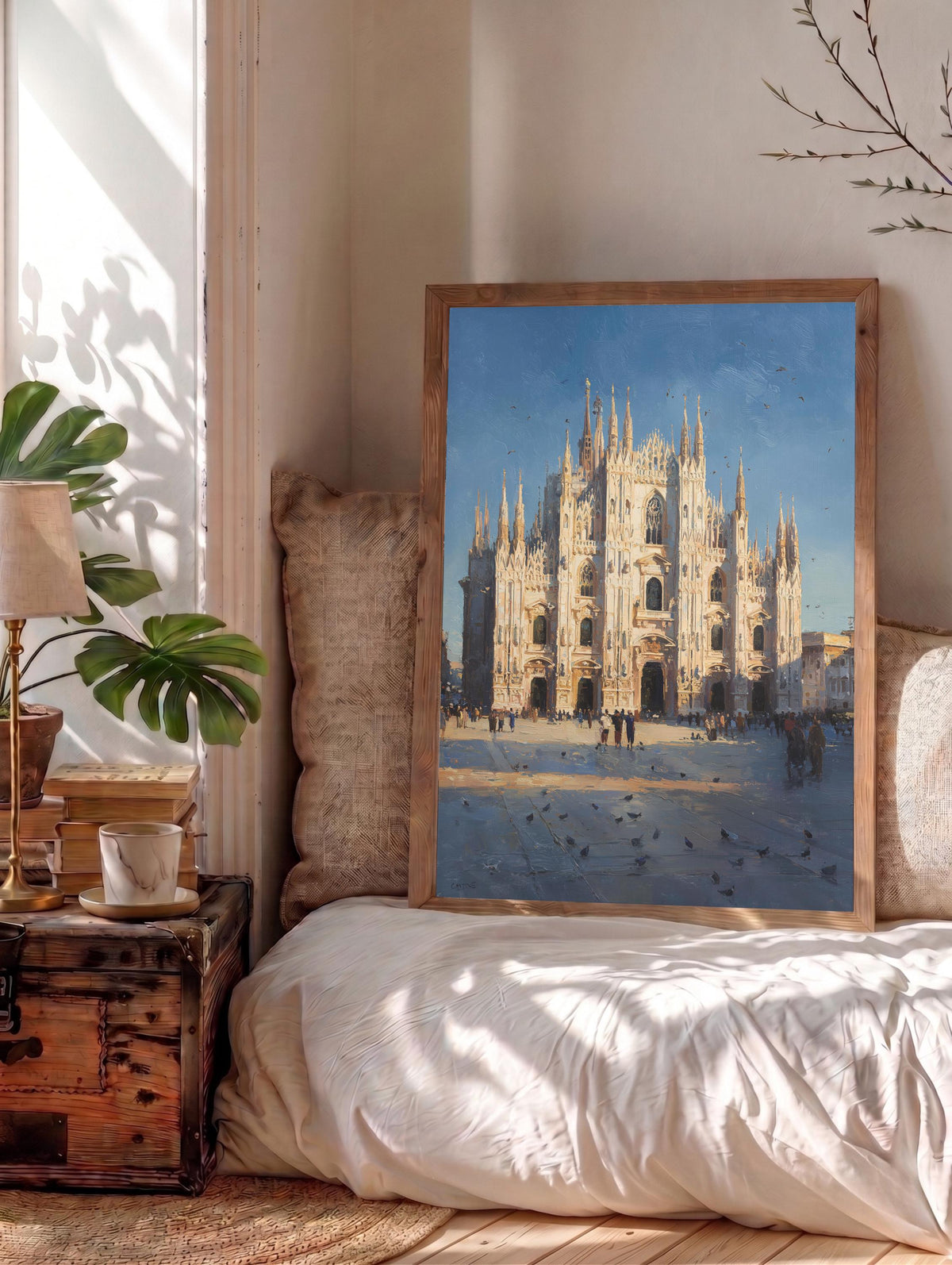 Oil-painting style marble landmark in white and deep blue, made to order