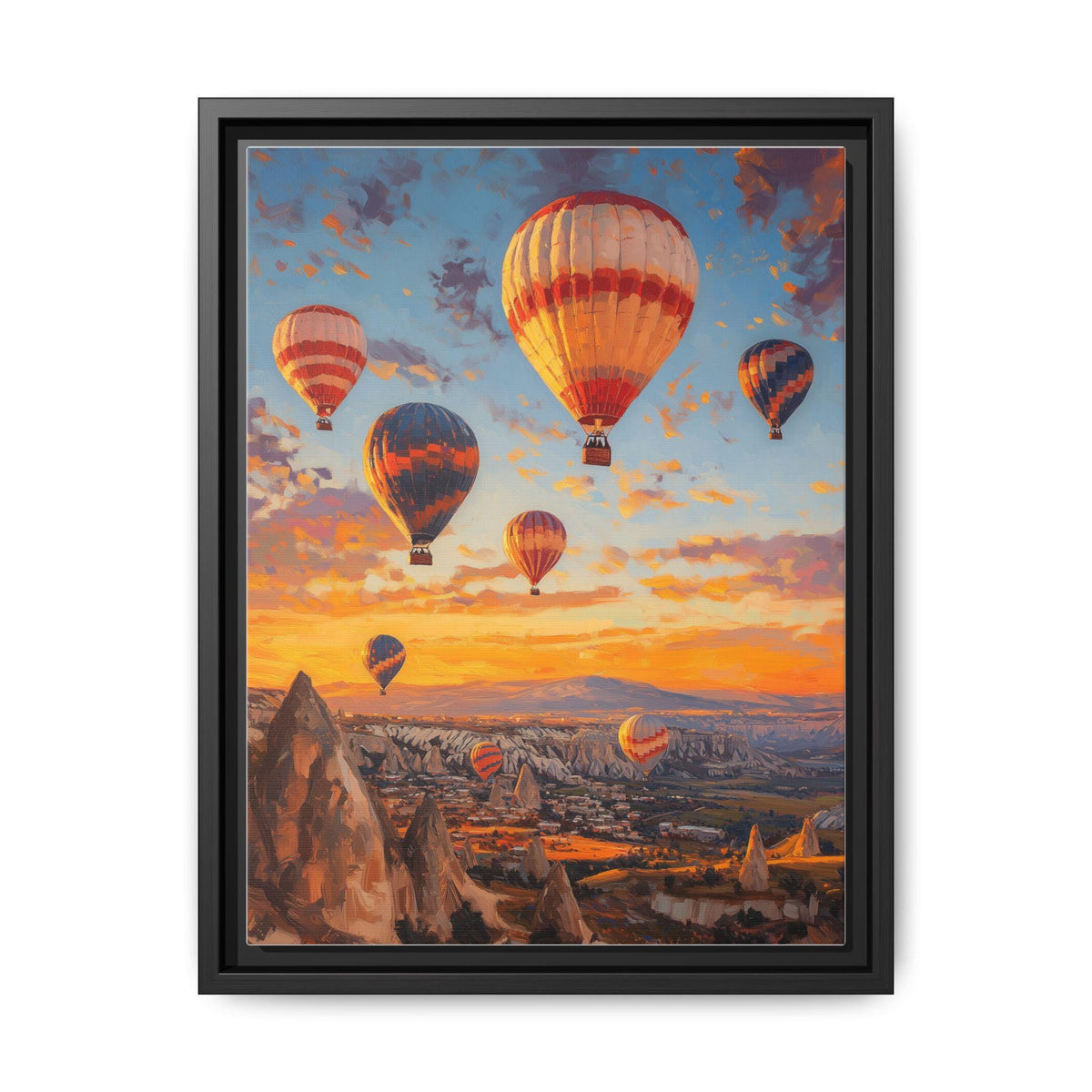 Cappadocia wall art framed canvas print in a black wood frame