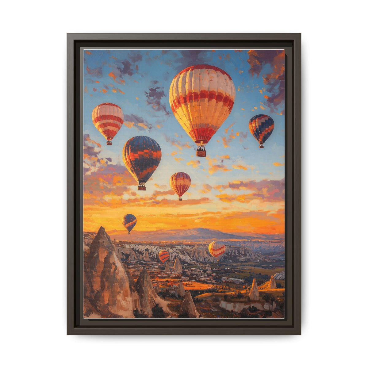 Cappadocia wall art framed canvas print in an espresso wood frame