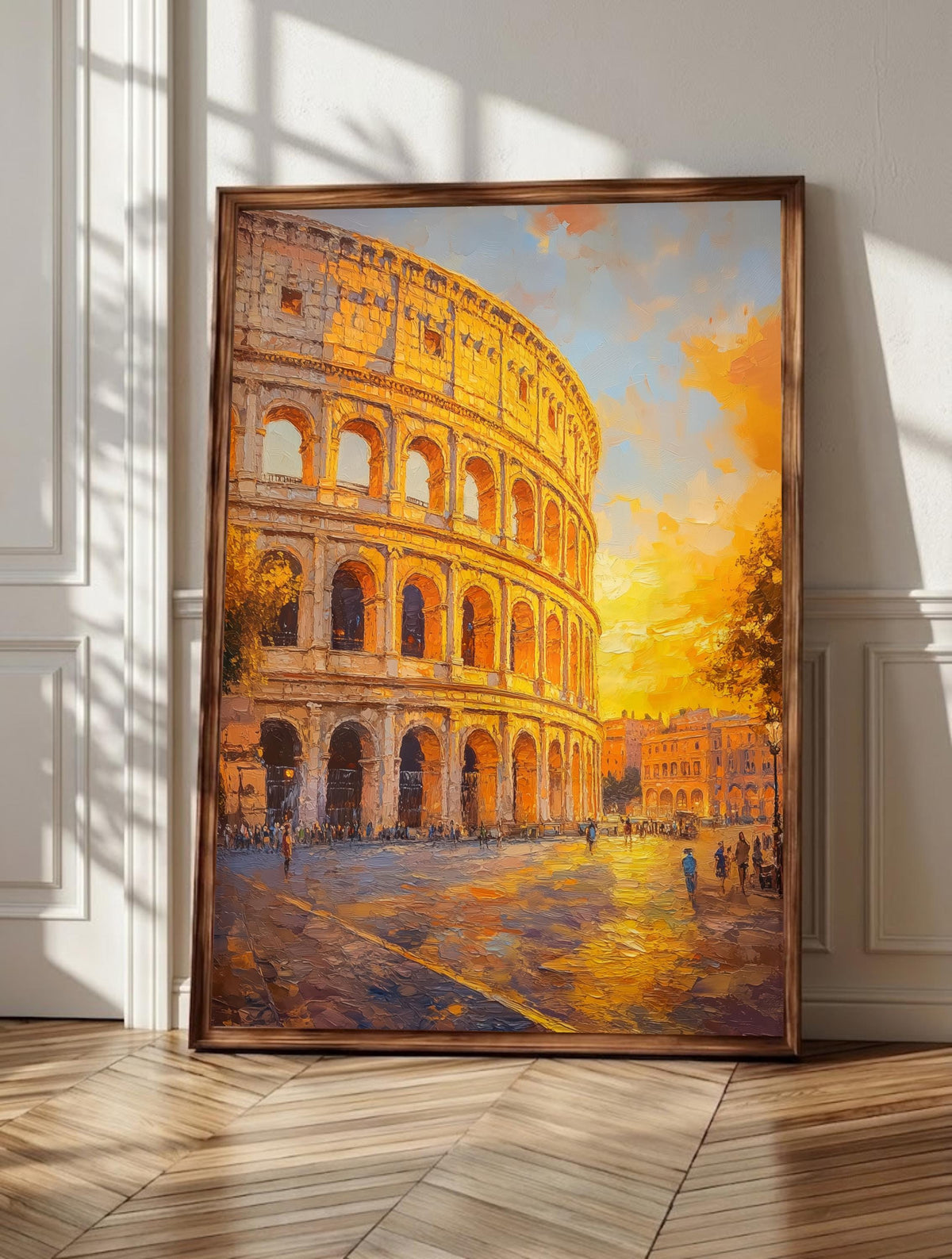 Colosseum wall art: the Roman amphitheatre glowing at sunset in amber and burnt orange