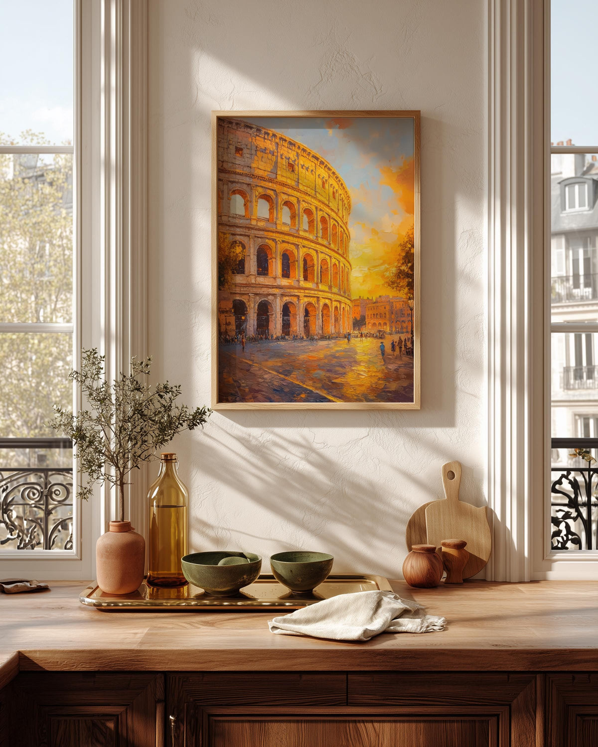 Oil-painting style Roman ruin at golden hour, printed on cotton canvas