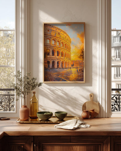 Oil-painting style Roman ruin at golden hour, printed on cotton canvas