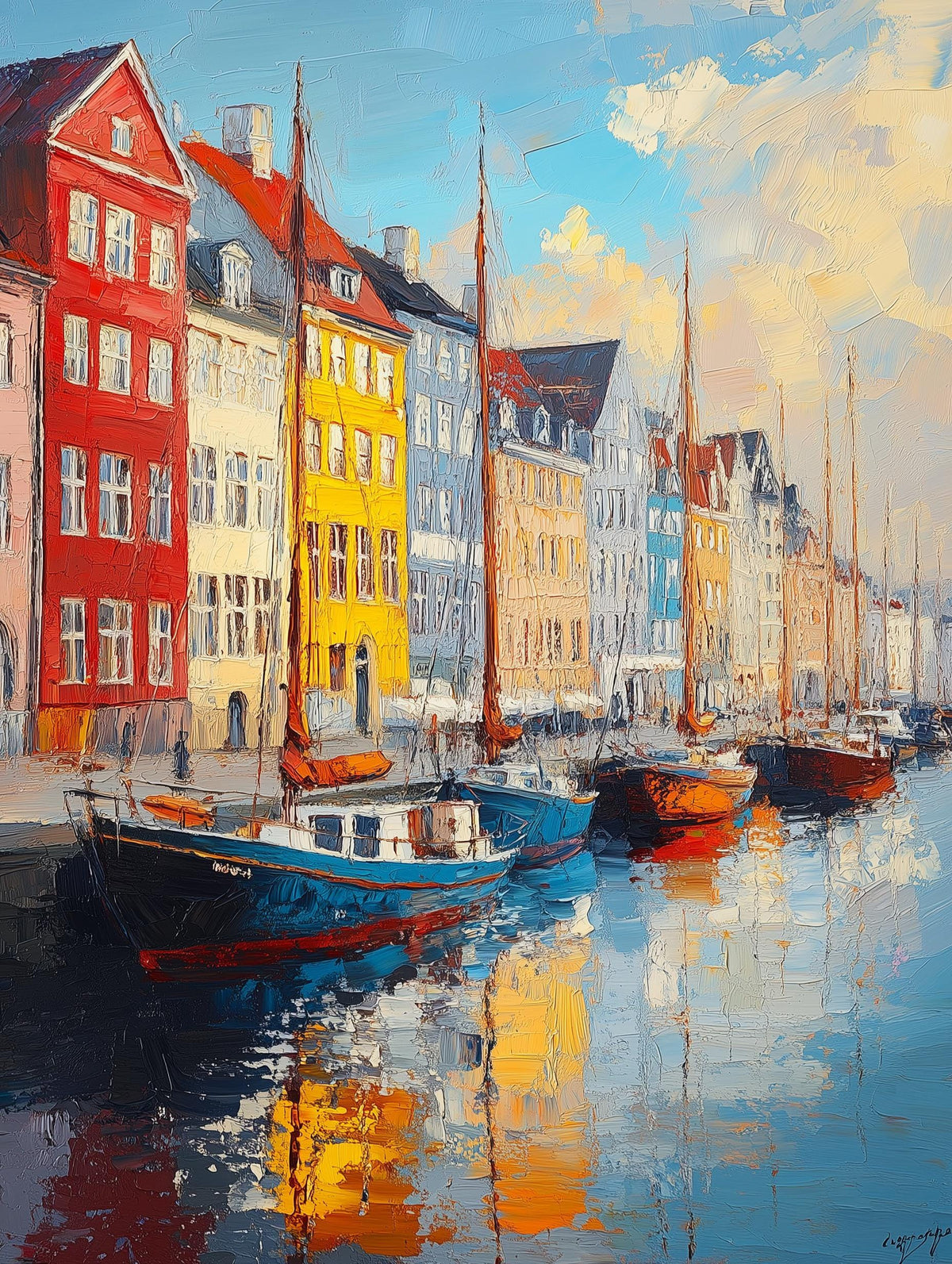 Painterly Nyhavn Denmark canvas print of candy-coloured waterfront townhouses