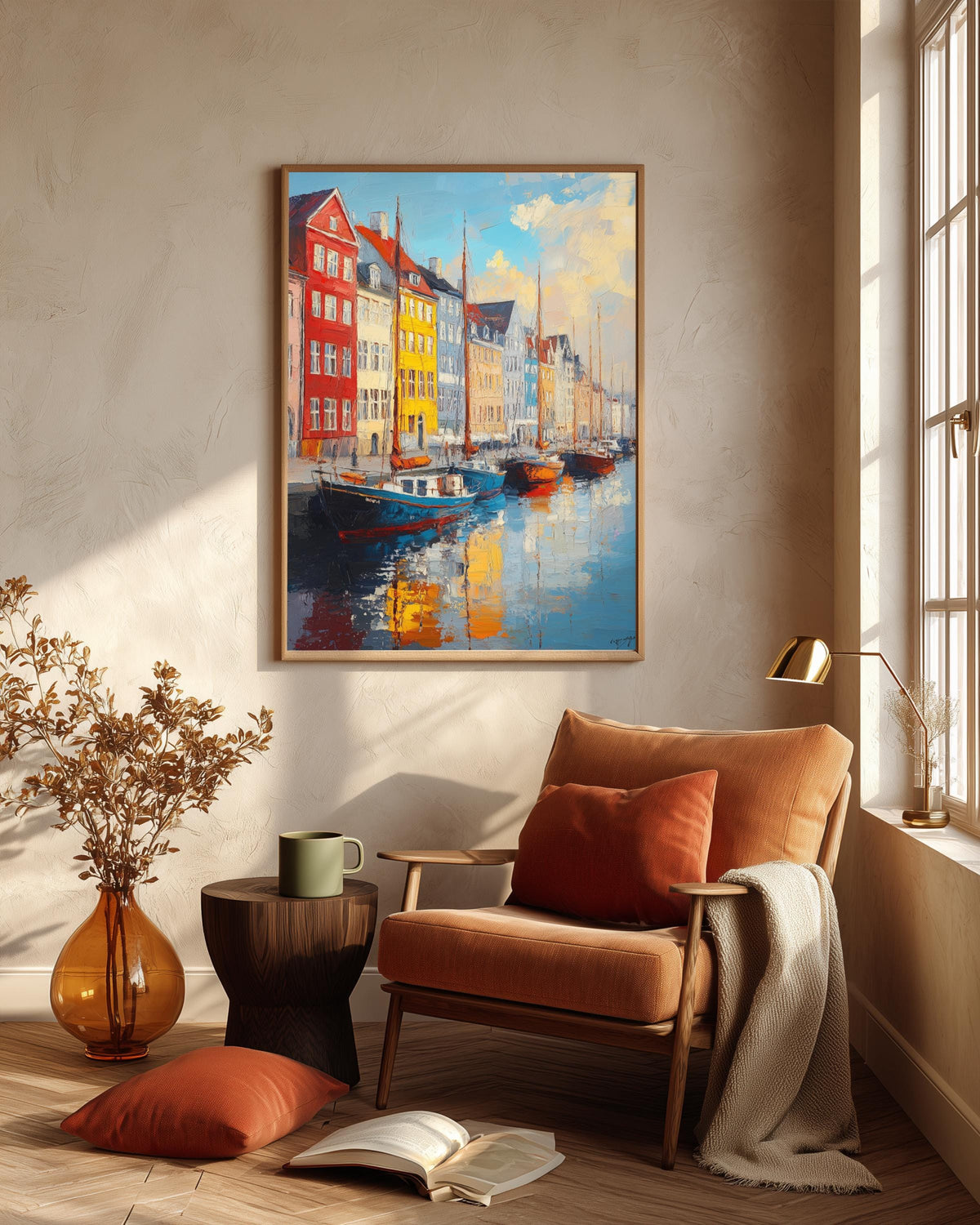 Oil-painting style Danish harbour scene, hand-framed in solid wood and made to order
