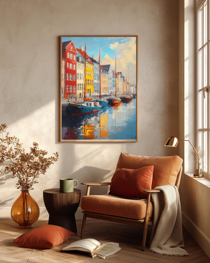 Oil-painting style Danish harbour scene, hand-framed in solid wood and made to order