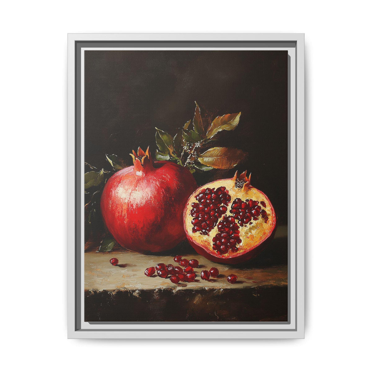 Pomegranate wall art framed canvas print in a white wood frame