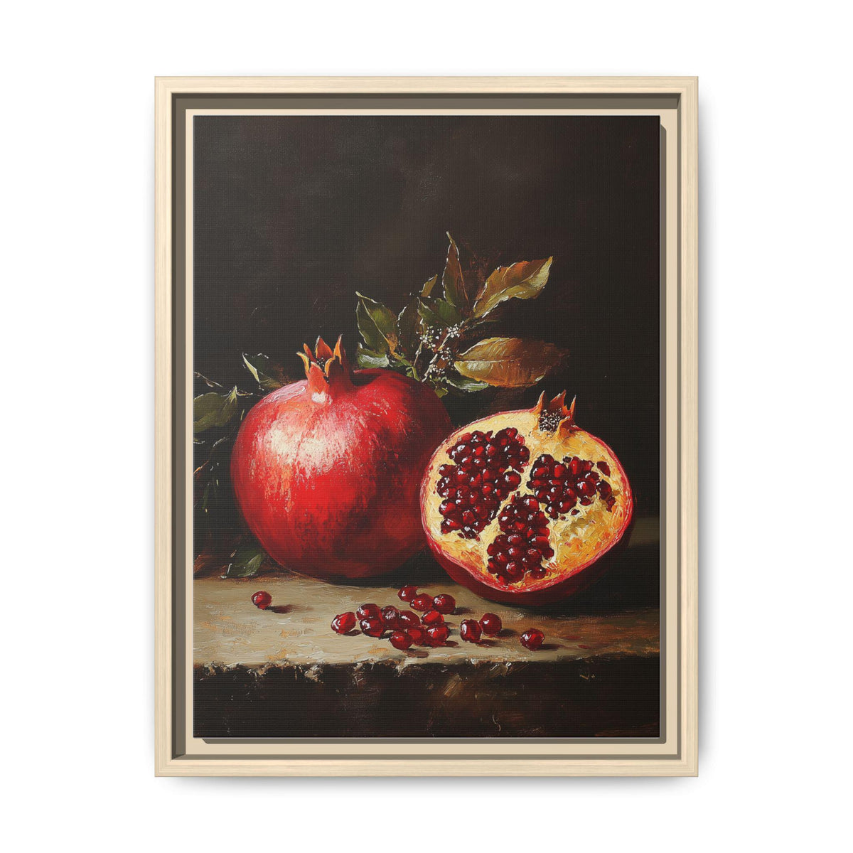 Pomegranate wall art framed canvas print in a natural wood frame