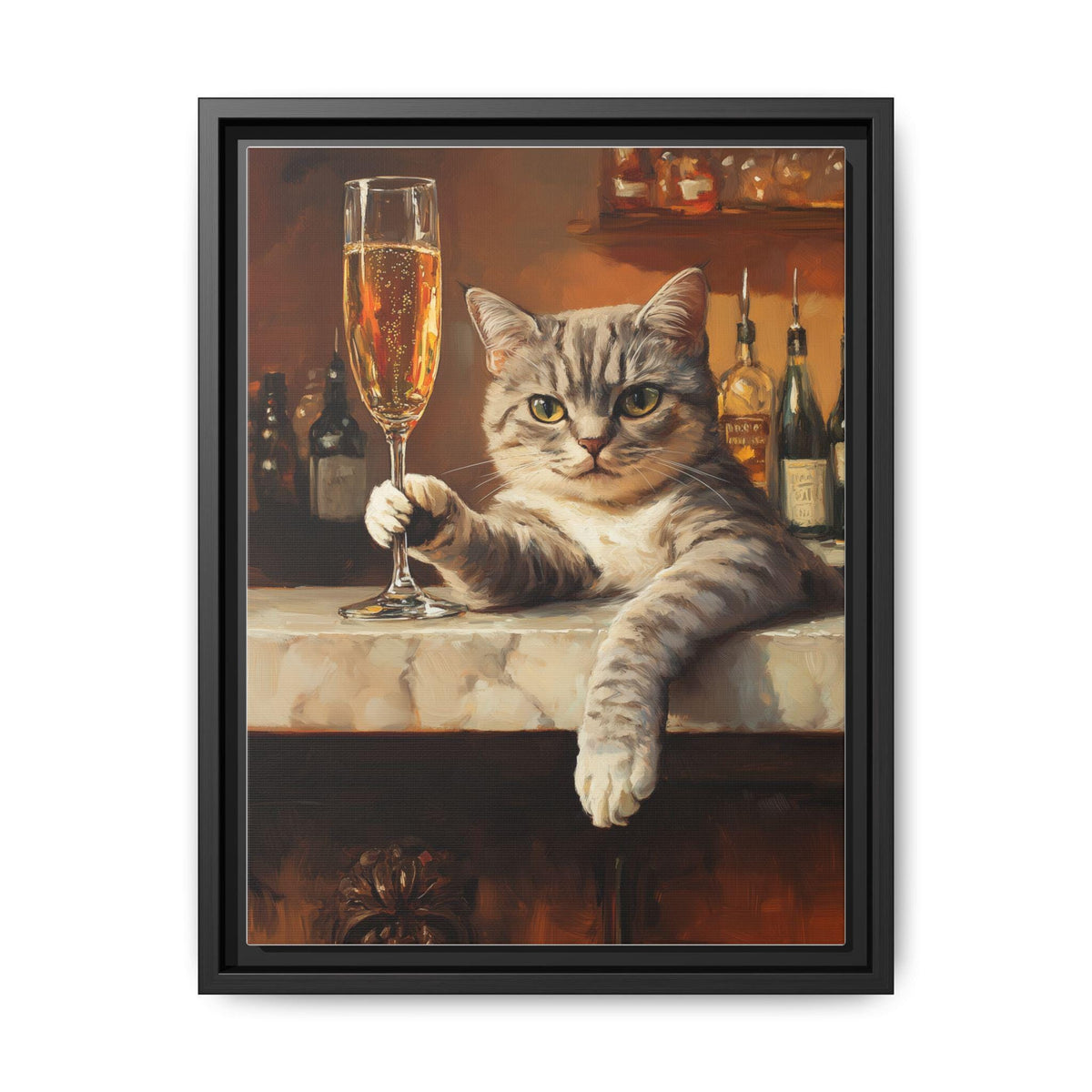 Champagne Cat wall art framed canvas print in a black wood frame