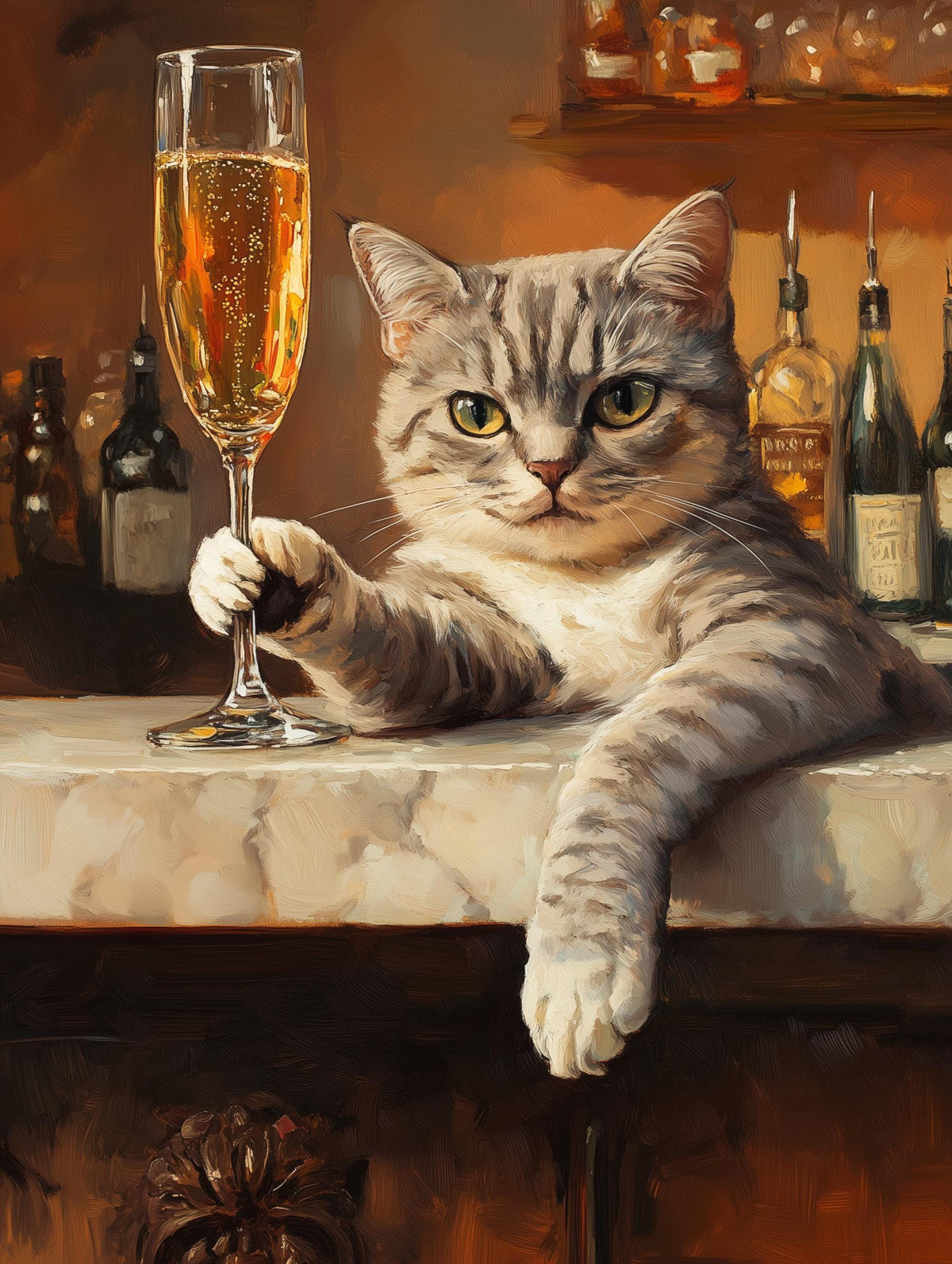 Painterly aperitivo canvas print with one paw curled around the champagne glass