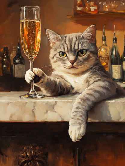 Painterly aperitivo canvas print with one paw curled around the champagne glass