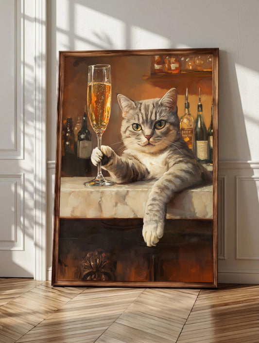 Champagne cat wall art: a silver tabby at a marble counter with a tall flute, framed canvas
