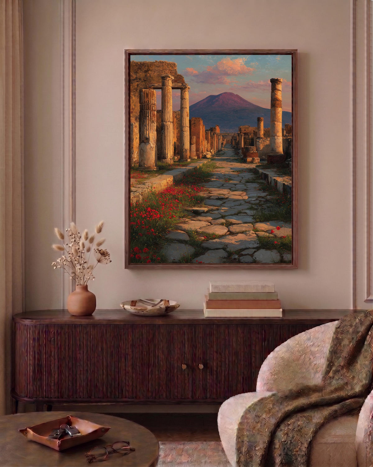 Oil-painting style print of Vesuvius beyond the forum on cotton canvas