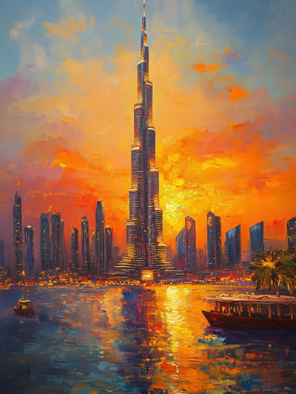 Painterly Burj Khalifa canvas print in burnt orange and cobalt oils