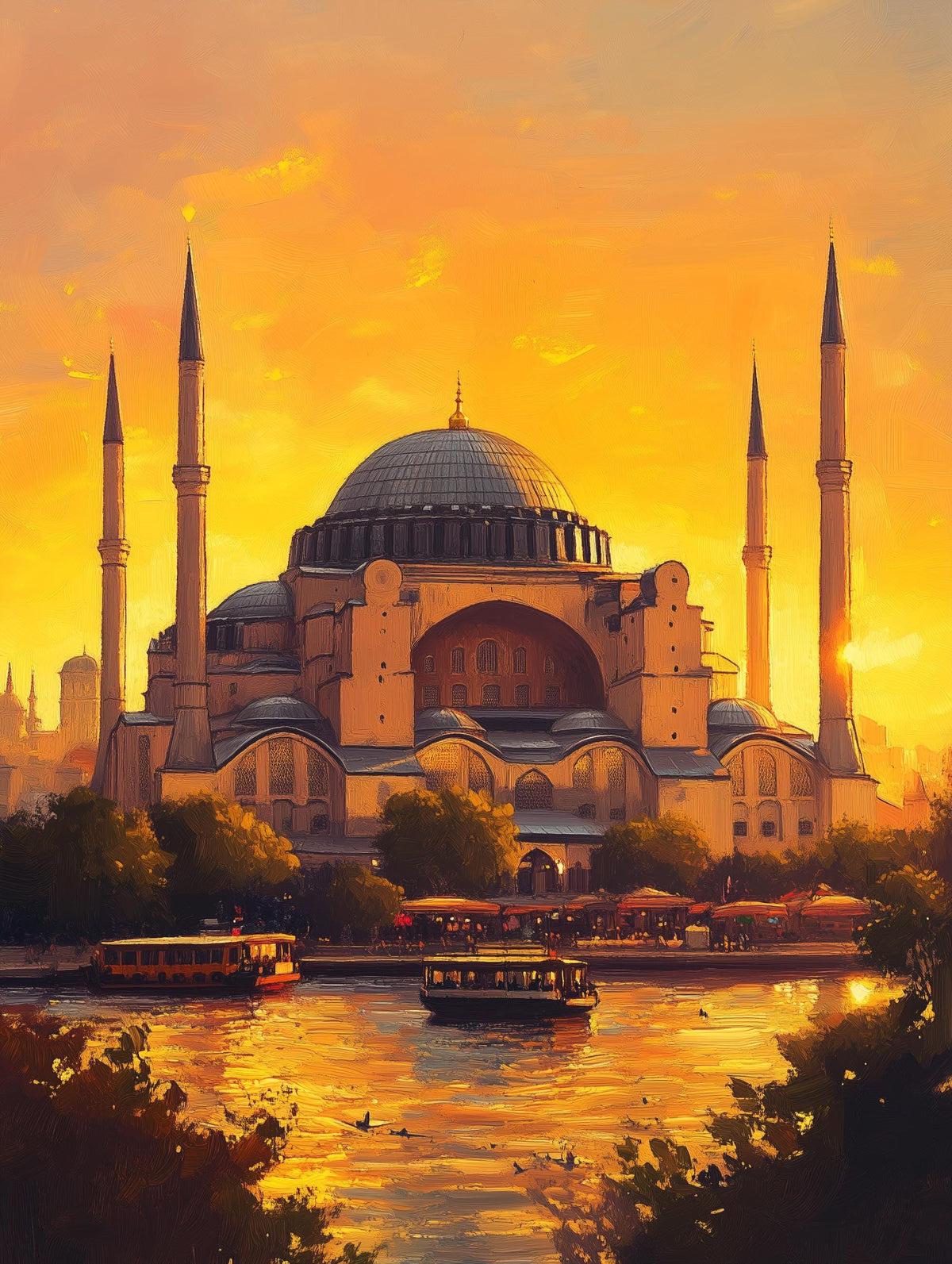 Istanbul skyline painting in harvest gold and cobalt, loose painterly brushwork
