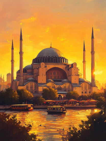 Istanbul skyline painting in harvest gold and cobalt, loose painterly brushwork