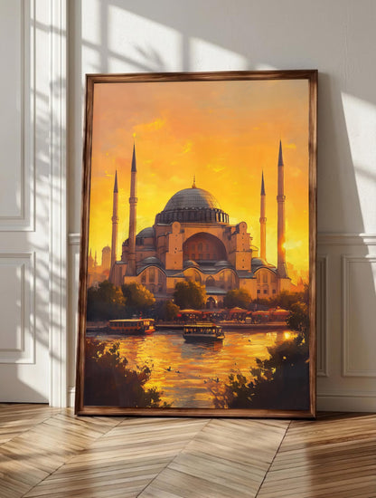 Hagia Sophia wall art: the dome and minarets glowing at golden hour, framed canvas print
